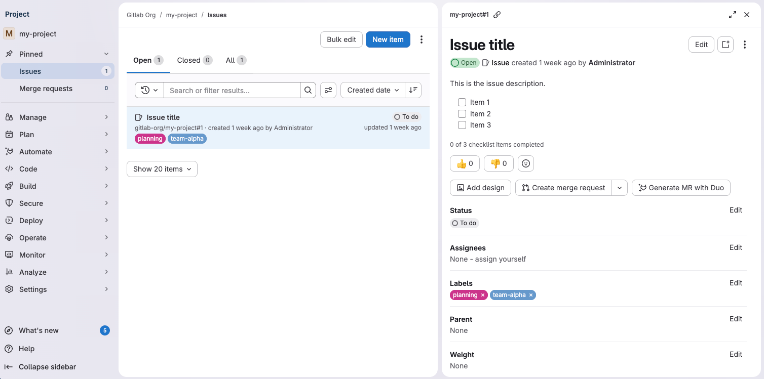 Issue opened in a panel side by side with the Issues panel.